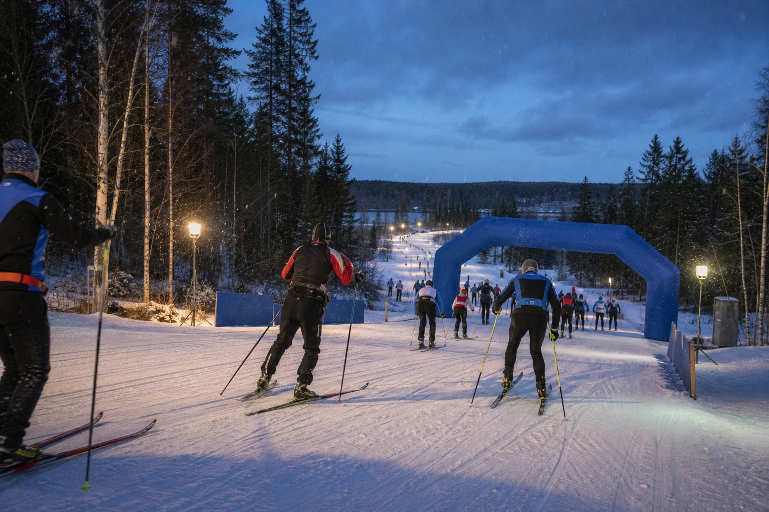 Längdskidåkare i klassiskt spår genom granskog