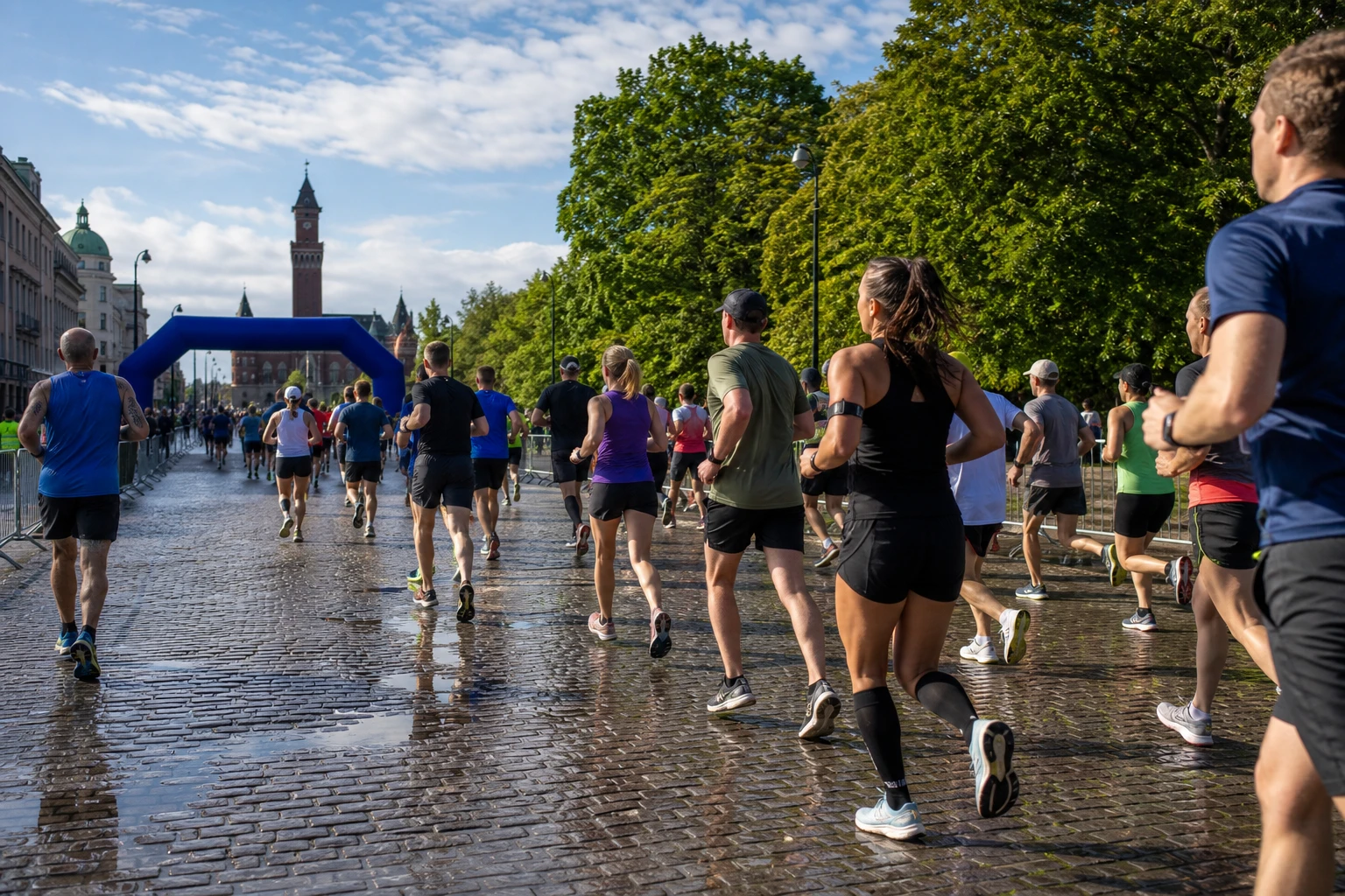 Löpare med startnummer på en avspärrad stadsgata