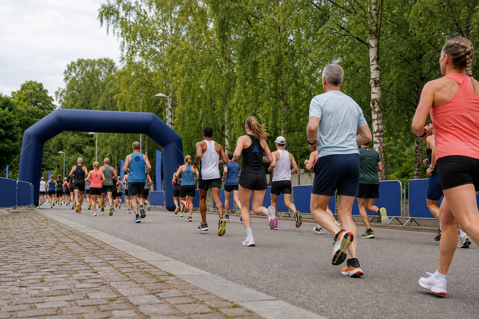 Tätt startfält av motionslöpare på asfalt