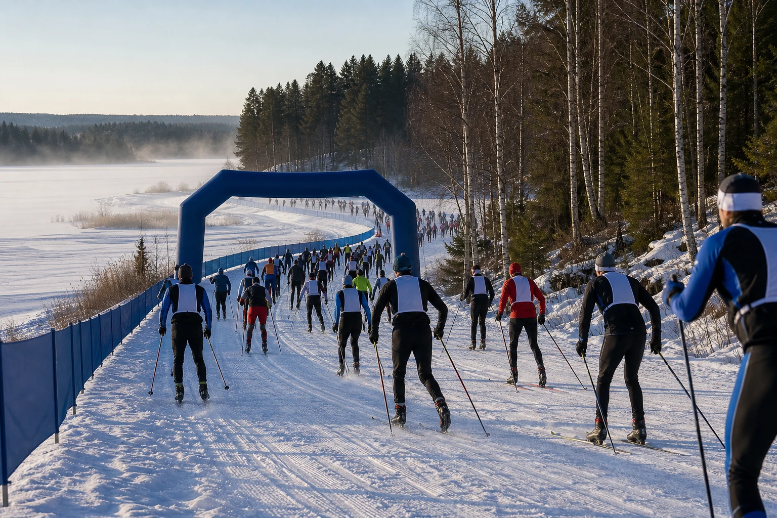 Skidåkare i diagonalåkning längs en spårad slinga