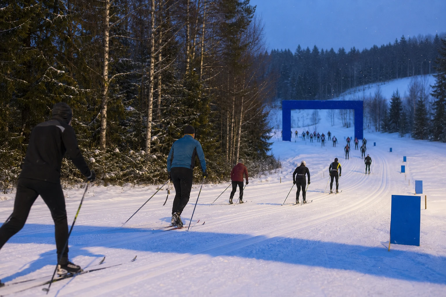 Längdspår genom snötyngd skog i gryningsljus