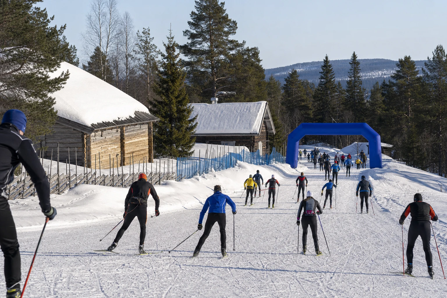 Längdskidåkare i klassiskt spår genom granskog