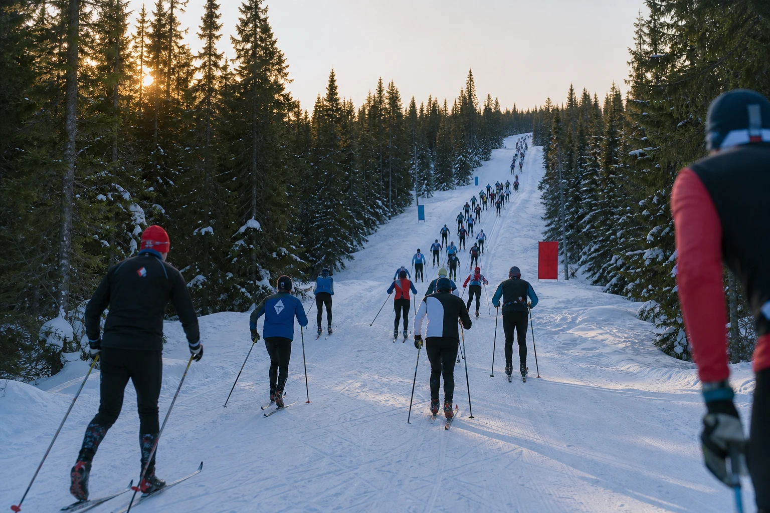 Långt led av längdskidåkare över ett snötäckt fält