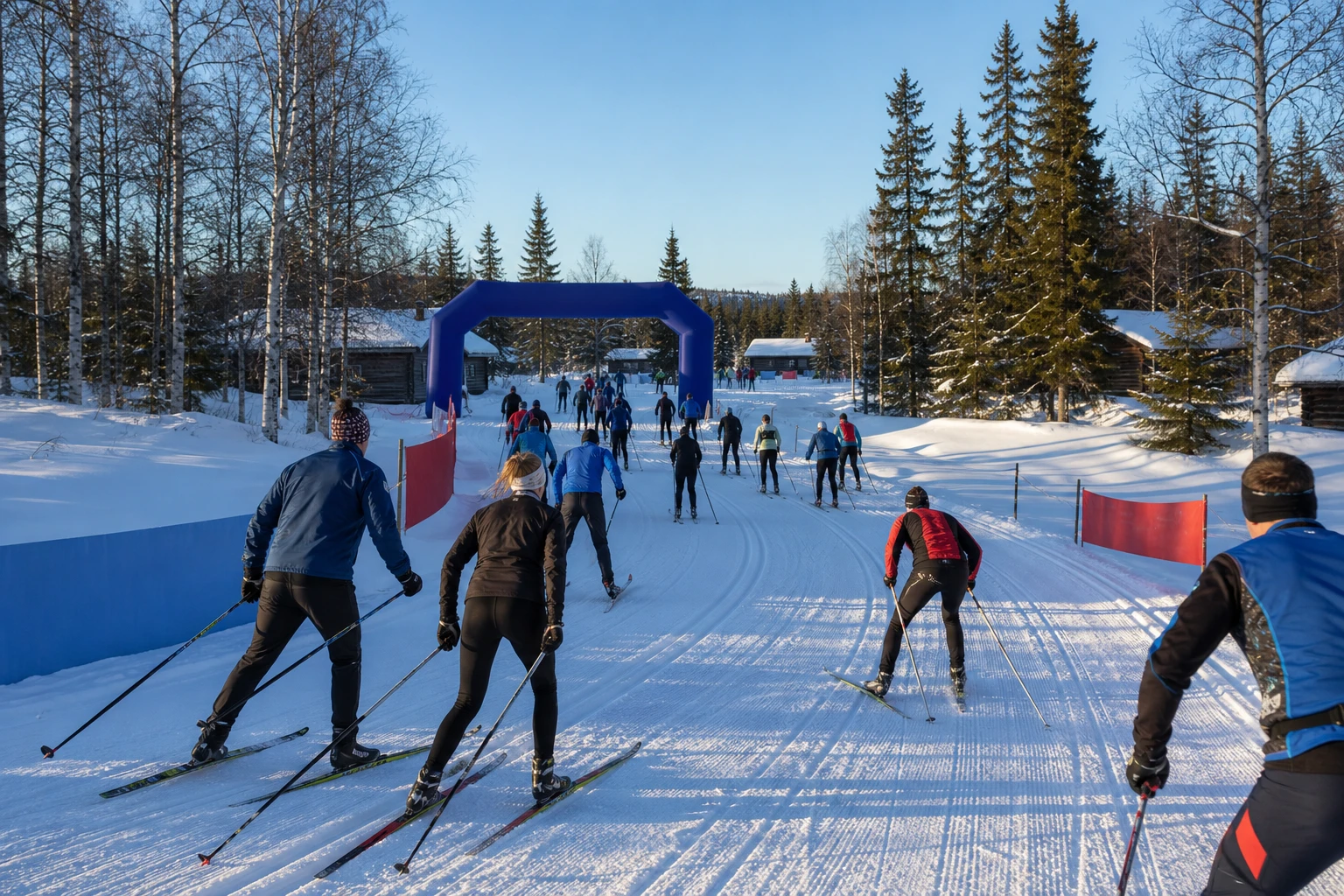 Långt led av längdskidåkare över ett snötäckt fält
