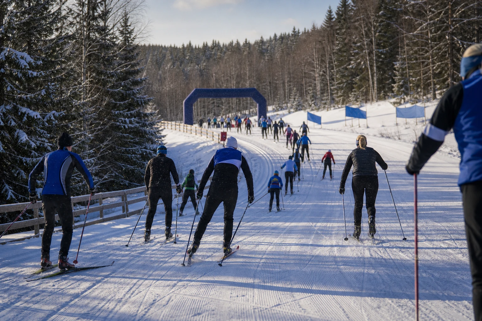Skidåkare uppför en bred pist i vinterljus