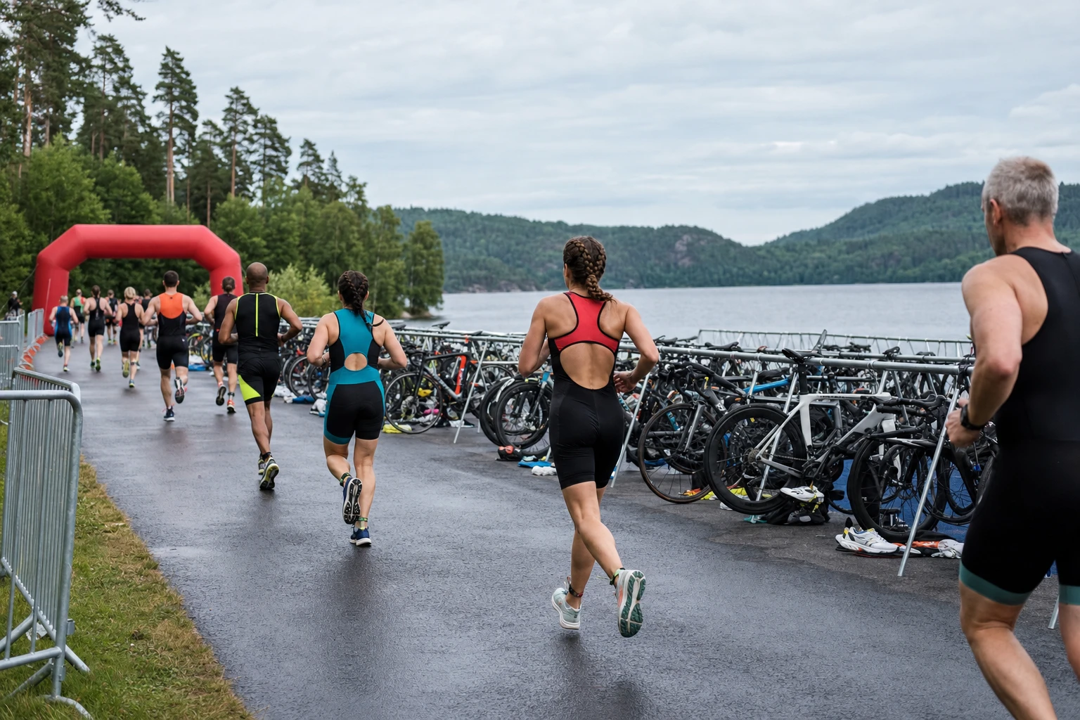 Triathlet på cykel längs en avspärrad väg