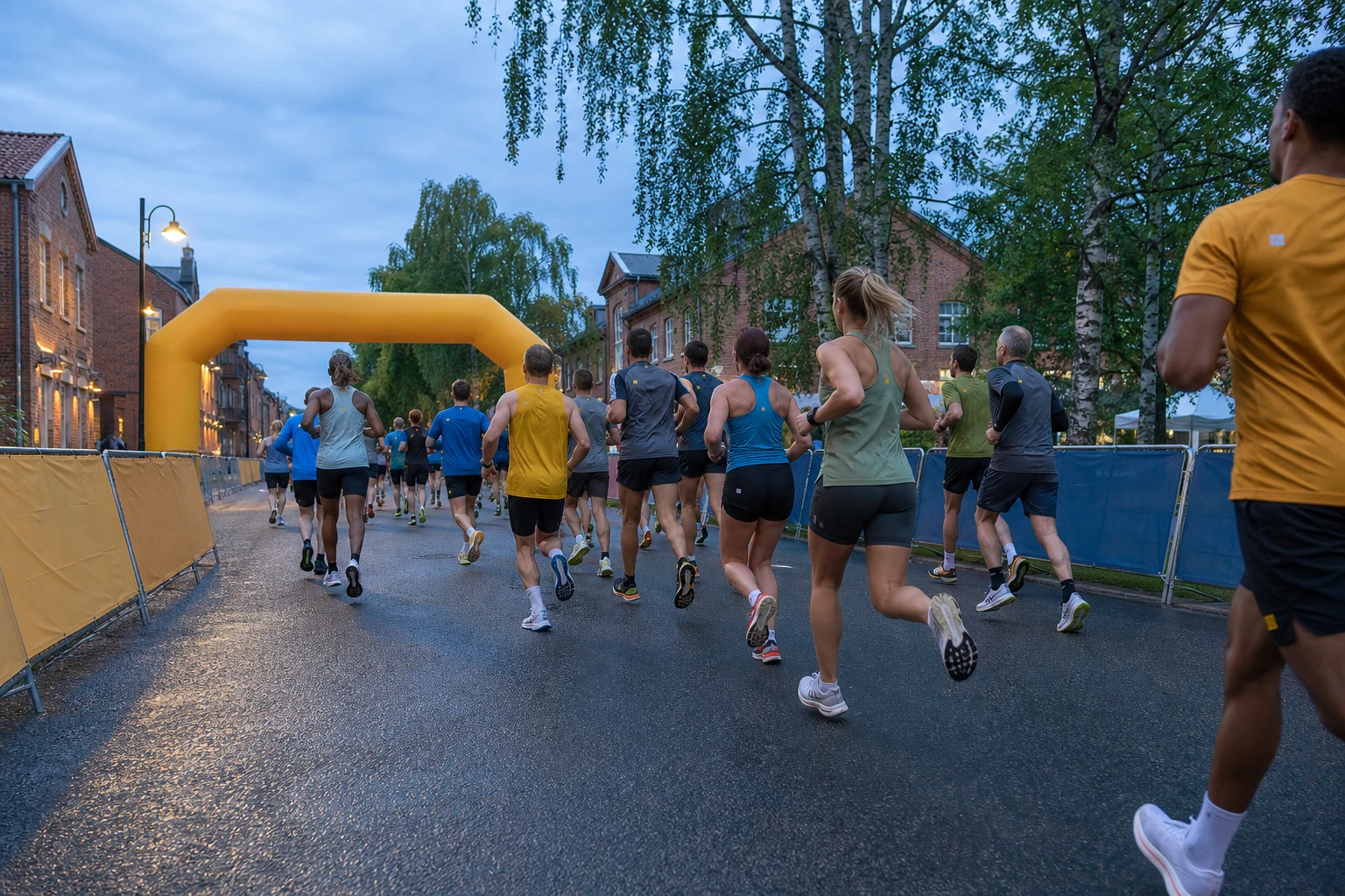 Löpare med startnummer på en avspärrad stadsgata
