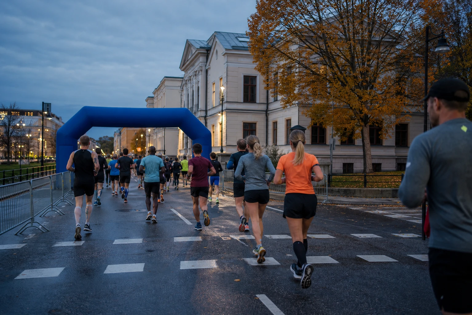 Tätt startfält av motionslöpare på asfalt